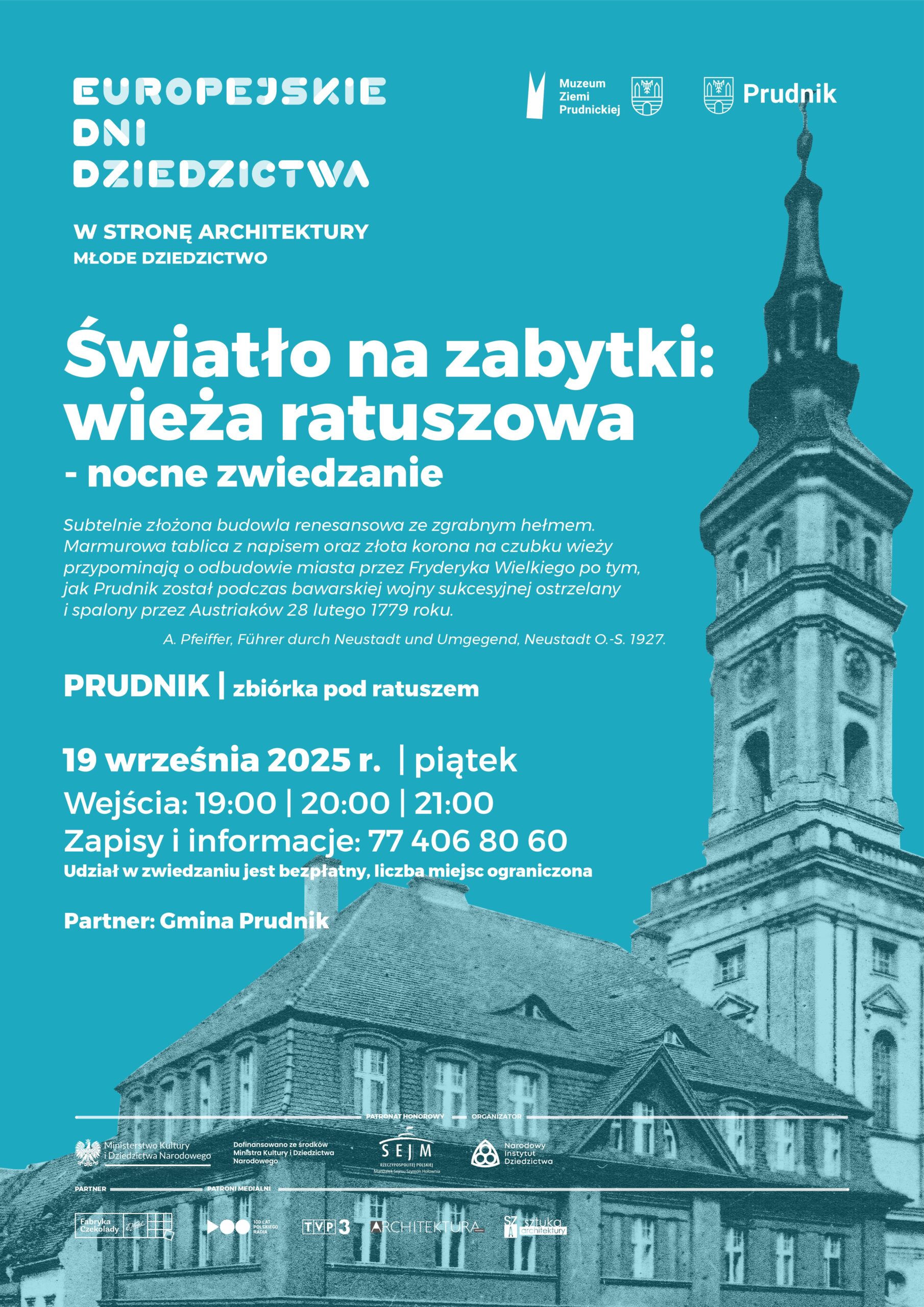 Światło na zabytki: nocne zwiedzanie wieży ratuszowej w Prudniku